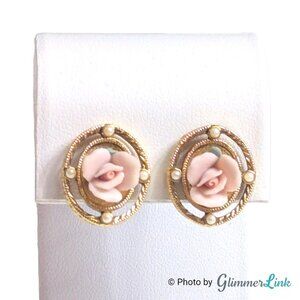 Vintage 1928 Porcelain Rose Stud Earrings Gold Tone Faux Pearl